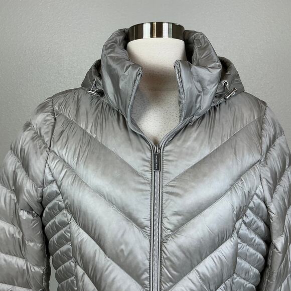 Michael Kors Quilted Puffer Coat Size Large Gray Mid Length Packable Jacket - Picture 7 of 11
